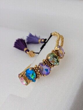 Adjustable Gold Tone Crystal Bracelet Princess Cut Multicolor Statement